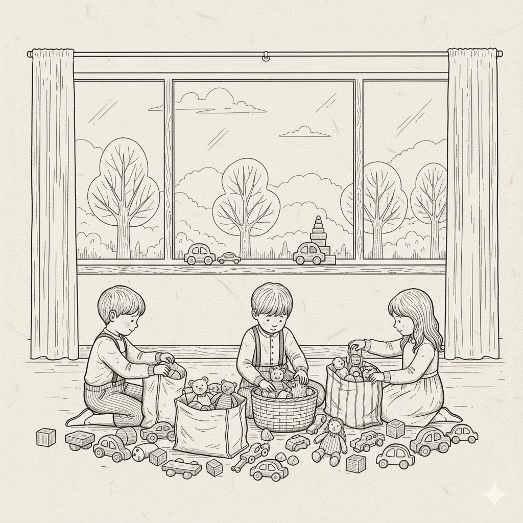 Kolm last korjab põrandal mänguasju kotti