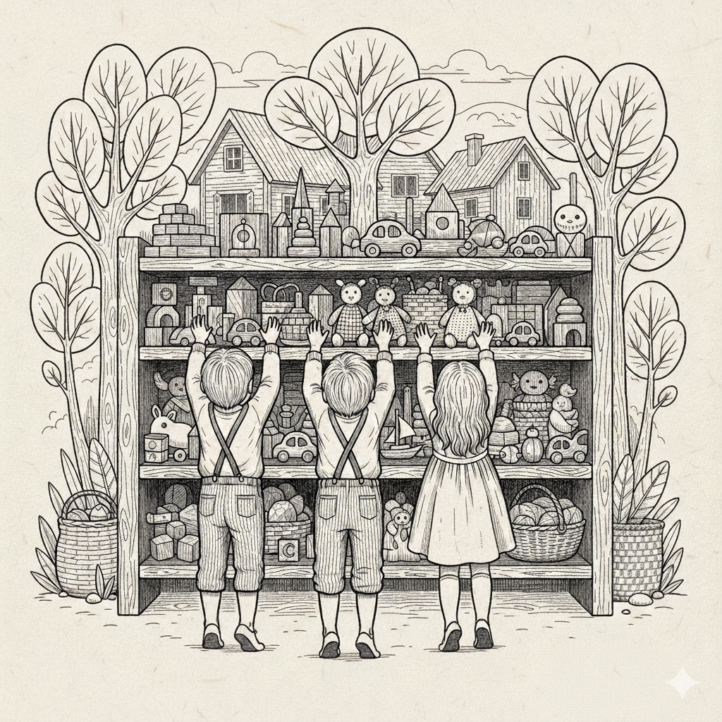 Kolm last küünitavad riiulilt mänguasju võtma